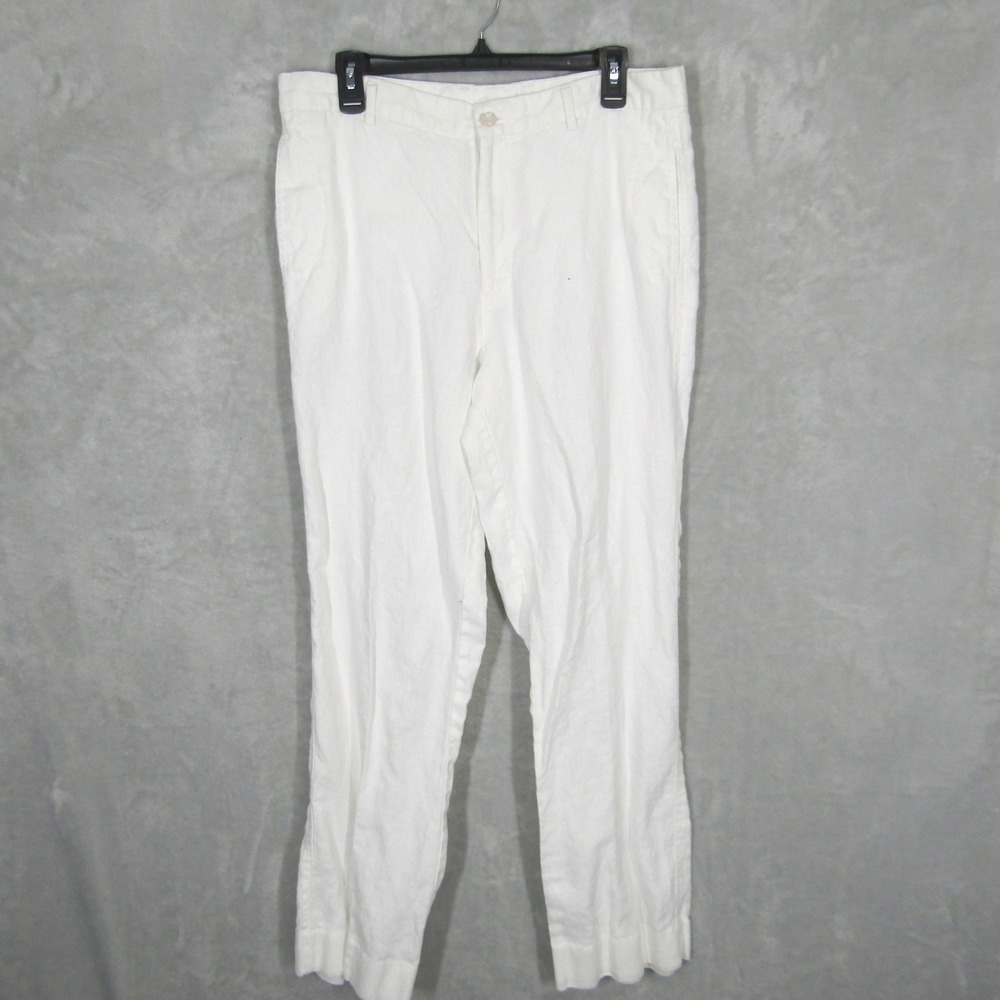 Island Importer White Linen Straight Leg Beach Pants Womens Size 34 Coastal